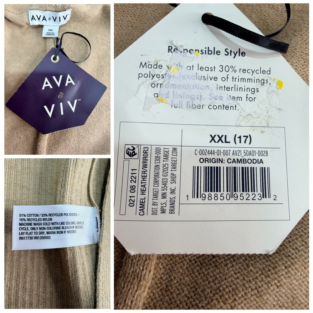 Ava & Viv Cardigan Sweater Womens XXL Camel Tan Open Front Shawl Ribbed 2XL NEW - Picture 3 of 11